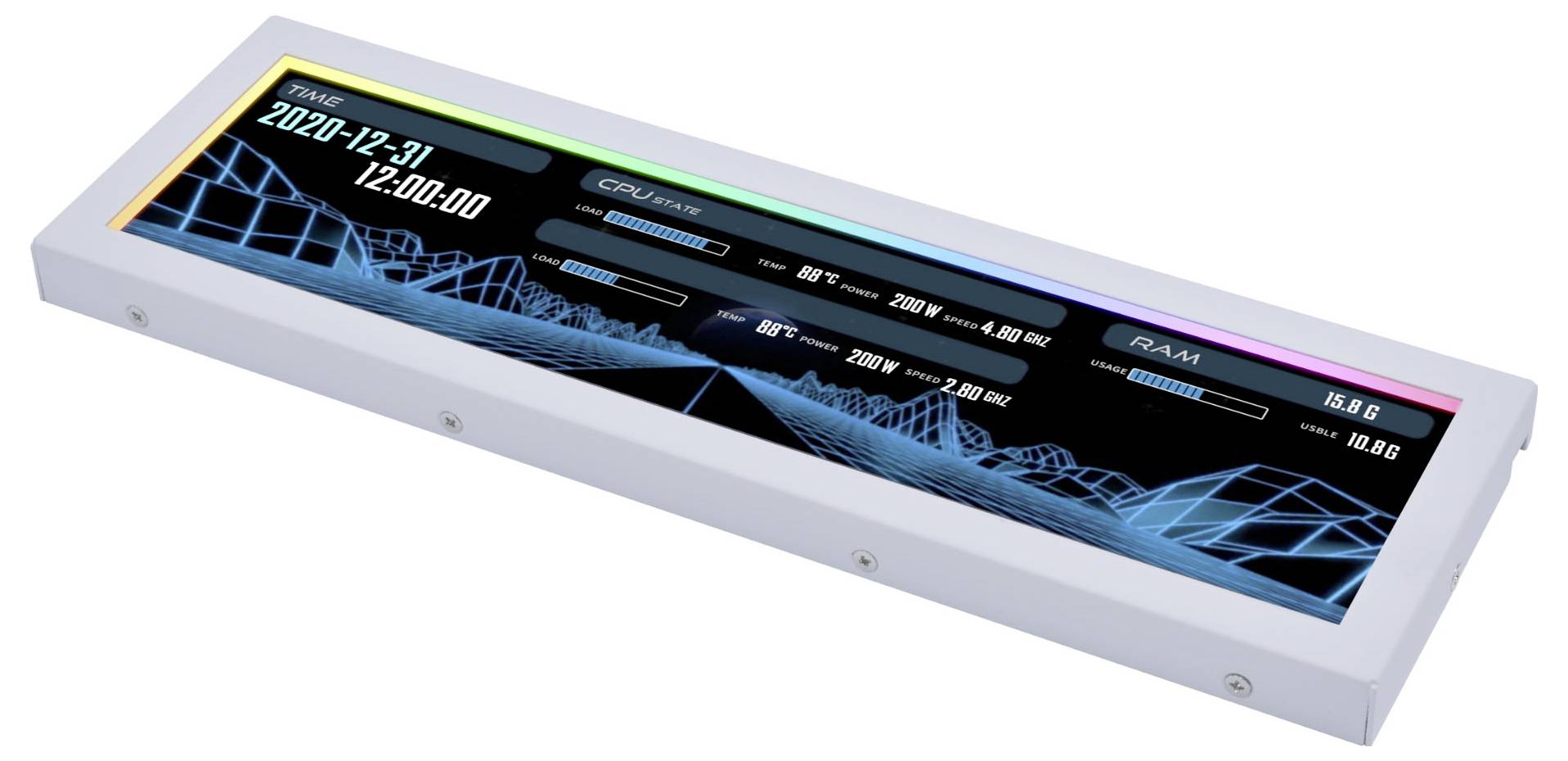 Eine digitale Anzeige zeigt das aktuelle Datum, die Uhrzeit, die CPU- und RAM-Auslastung mit stilisierten Grafiken.