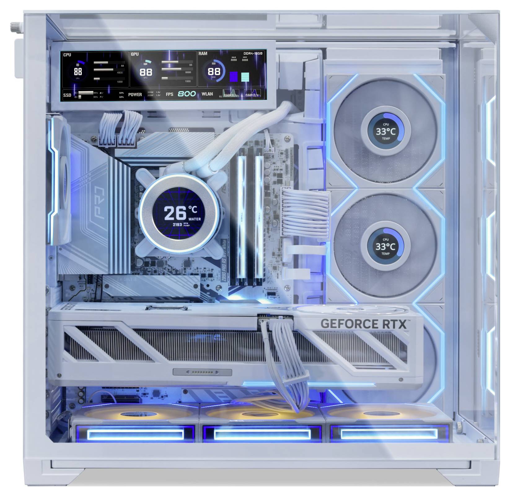 Ein elegantes, weißes Gaming-PC-Gehäuse mit sichtbarer RGB-Beleuchtung, das eine „GEFORCE RTX