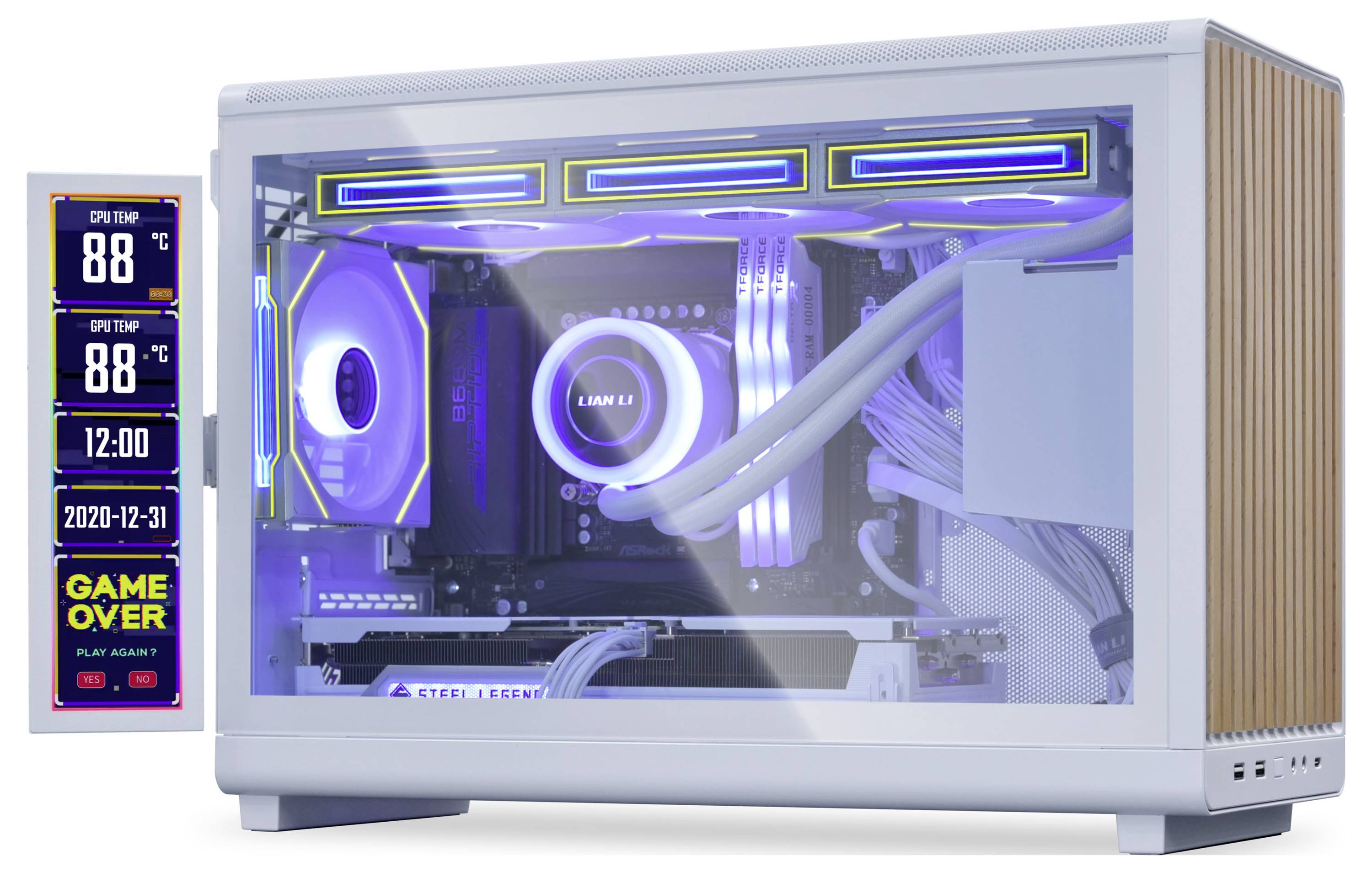 Ein schlanker, weißer Gaming-PC mit LED-Beleuchtung und sichtbaren internen Komponenten. Das Seitenpanel zeigt Temperatur und Datum an: '88°C', '2020-12-31'.