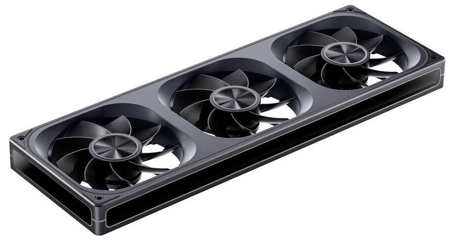 Ein Computerlüfter mit drei großen schwarzen Rotorblättern in einem rechteckigen Rahmen, ausgelegt für eine effiziente Luftzirkulation in elektronischen Geräten.