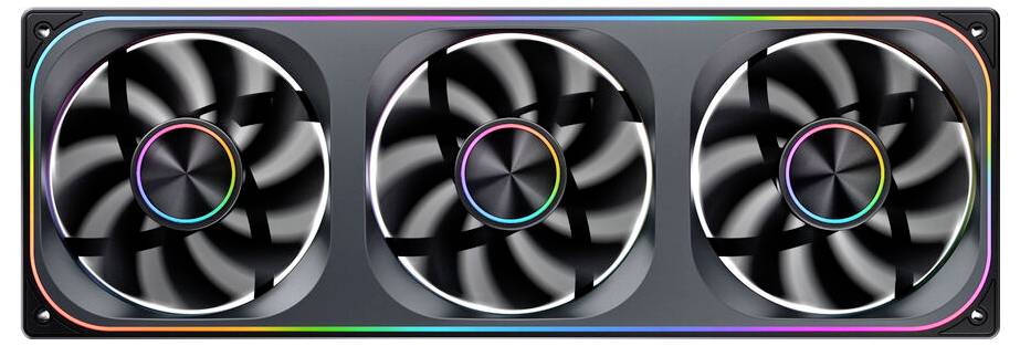 Ein rechteckiges Computer-Kühlgerät mit drei schwarzen Lüftern, die jeweils von RGB-Beleuchtung umgeben sind und für High-Performance-Grafikkarten entwickelt wurden.