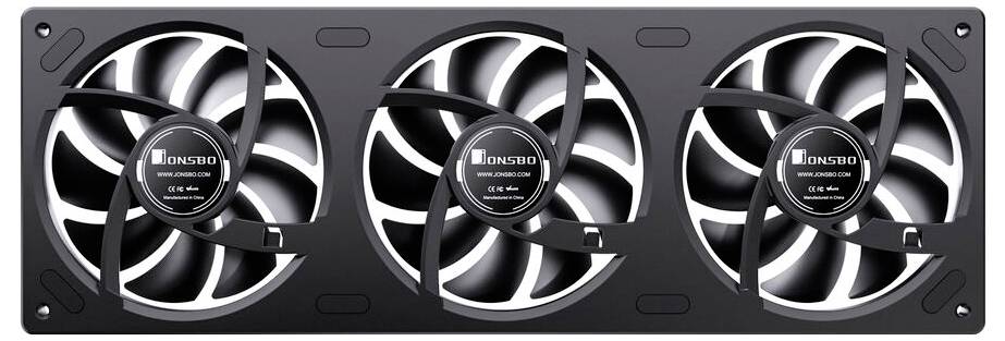 Ein Kühlsystem mit drei Ventilatoren, konzipiert für Computerhardware, das drei identische schwarze Ventilatoren in einer Reihe innerhalb eines rechteckigen Rahmens aufweist.