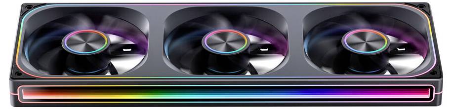 Eine Grafikkarte mit drei RGB-beleuchteten Kühlventilatoren und leuchtenden Akzenten an den Kanten, die zur Verbesserung der Computergrafik-Leistung verwendet wird.