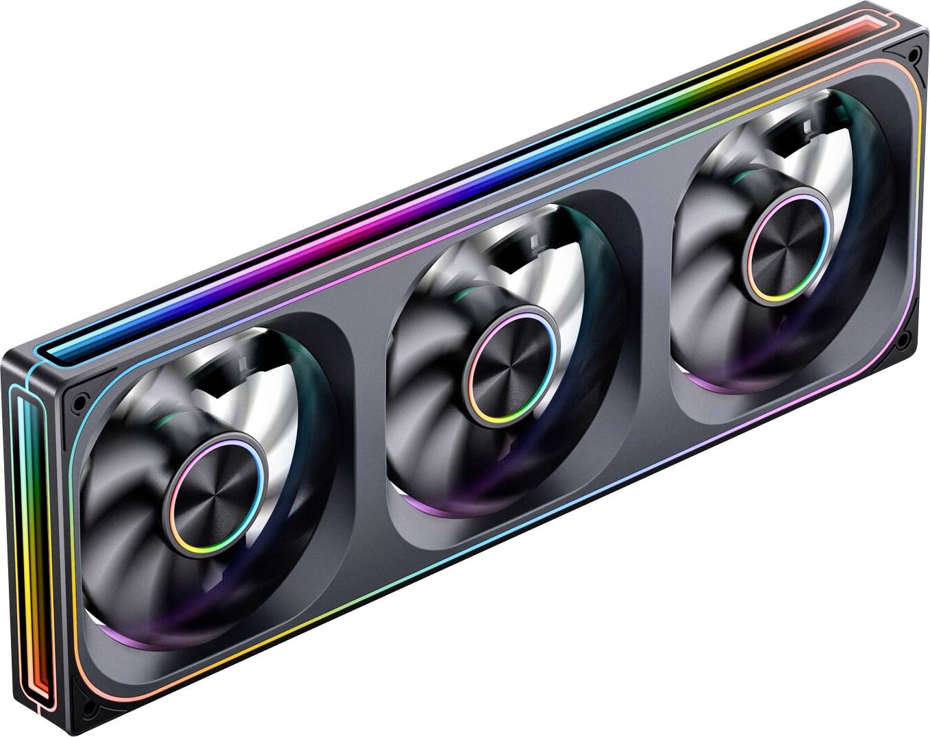 Ein rechteckiges Kühlsystemlüfter für Computer mit drei kreisförmigen Lüftern, ausgestattet mit RGB-Beleuchtung entlang der Kanten.