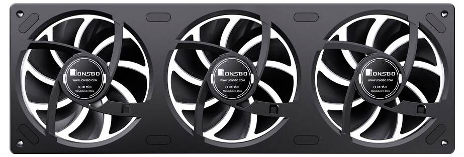 Drei schwarze Computer-Kühlventilatoren, montiert auf einem rechteckigen schwarzen Rahmen, mit einem zentralen Nabe, beschriftet mit DONGJIA.