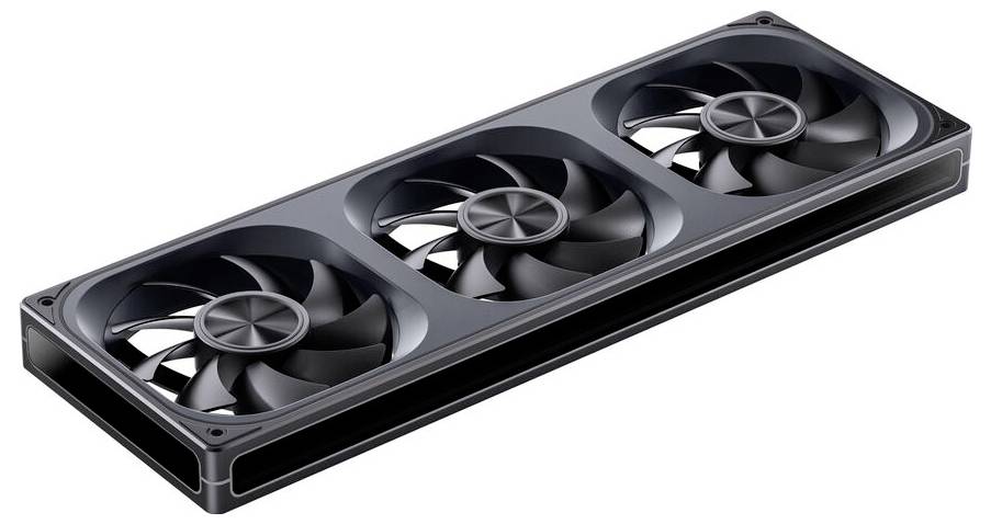 Ein schwarzes Kühlsystem für Computer mit drei Lüftern und schlankem, rechteckigem Design zur effizienten Wärmeableitung in elektronischen Geräten.