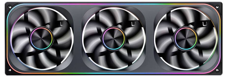 Ein Computerkühsystem mit drei schwarzen Lüftern und RGB-beleuchteten Kanten, entwickelt zur Verbesserung des Luftstroms und zur Reduzierung der Systemtemperatur.
