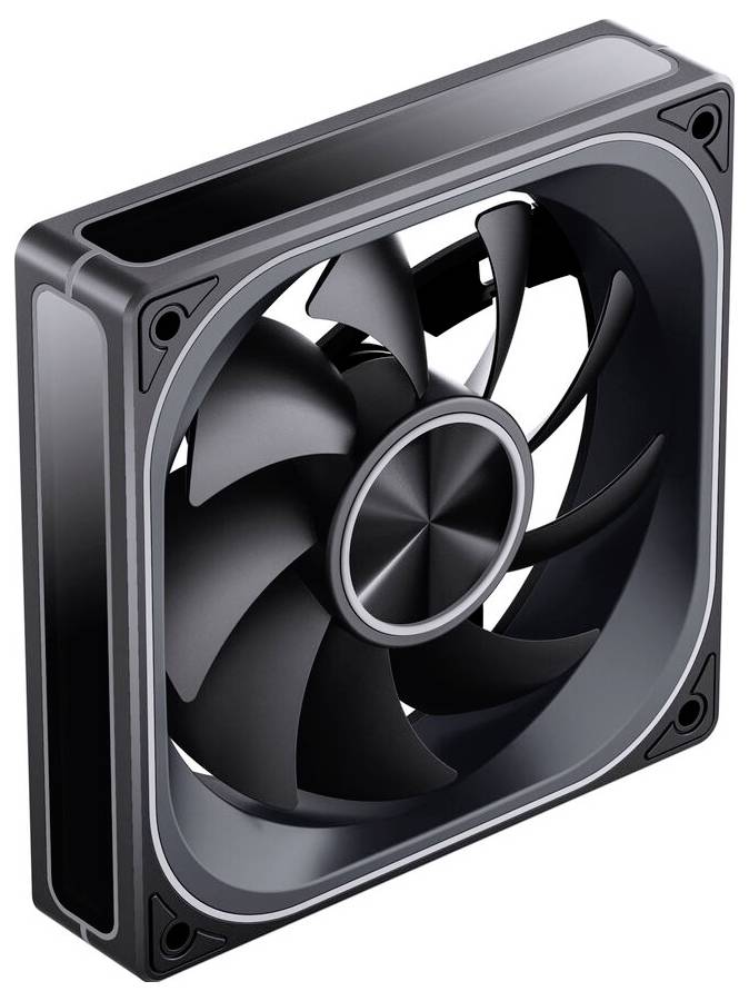Ein schwarzer Computerlüfter mit kreisförmiger Gestaltung und mehreren Rotorblättern, eingebettet in einen quadratischen Rahmen. Der Lüfter ist in einem schrägen Winkel positioniert.