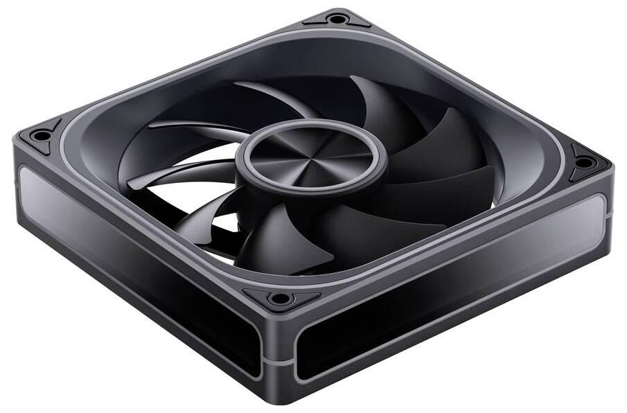 Ein quadratischer, schwarzer Computerkühlventilator mit elegantem, modernem Design, ausgestattet mit neun Rotorblättern in einem kompakten Gehäuse.