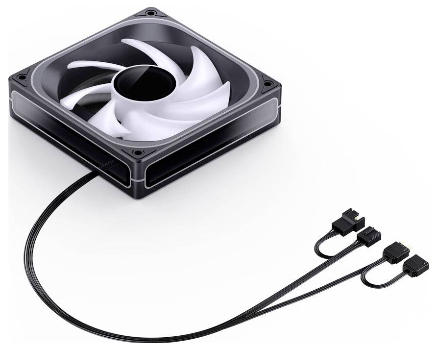 Ein schwarzer Computer-Kühlventilator mit weißen Rotorblättern, der mit drei schwarzen Kabeln mit Anschlüssen verbunden ist, isoliert auf einem weißen Hintergrund.