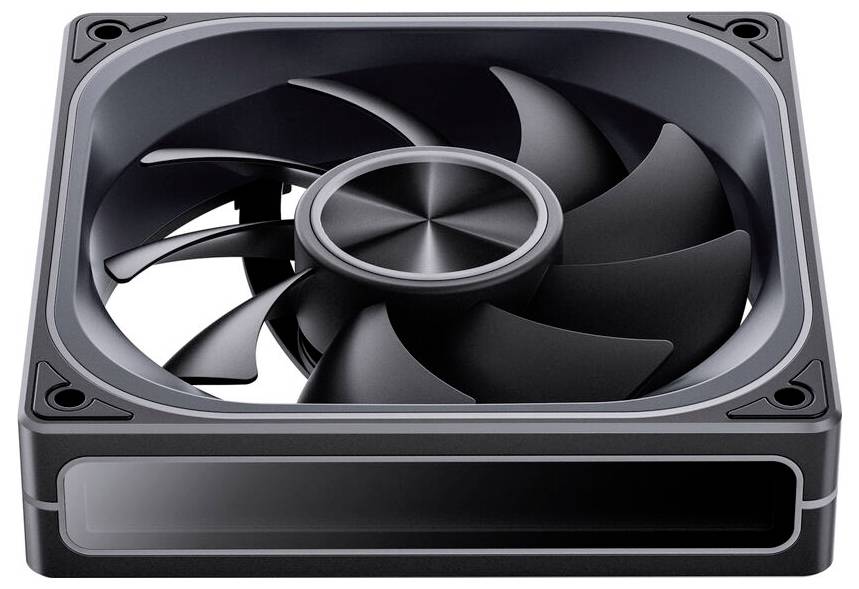 Ein schwarzer Computerlüfter mit quadratischem Rahmen, der für optimale Luftzirkulation in PC-Gehäusen oder Kühlsystemen konzipiert ist.