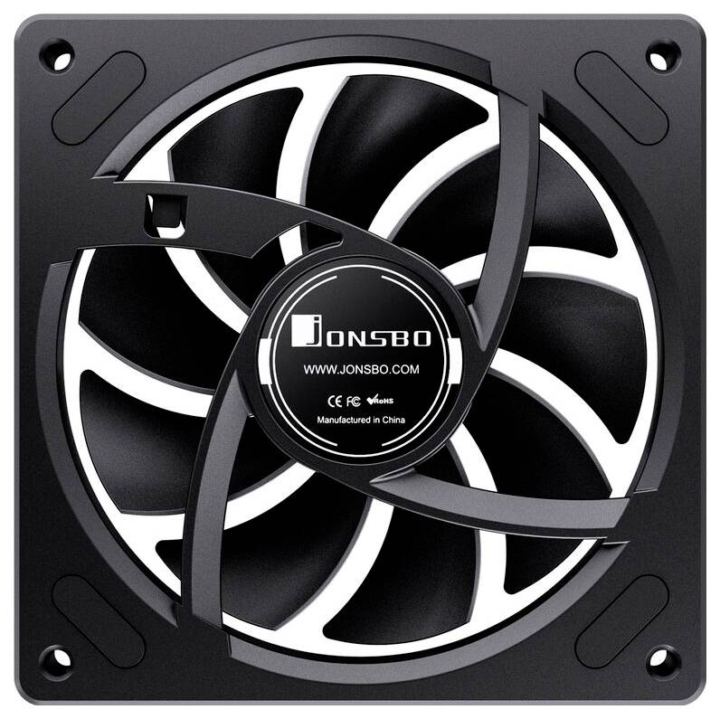 Ein quadratischer Computer-Kühlventilator mit schwarzem Rahmen und fünf geschwungenen schwarzen Flügeln. Das Etikett in der Mitte trägt die Aufschrift 'Jonsbo' und zeigt eine Website-URL.