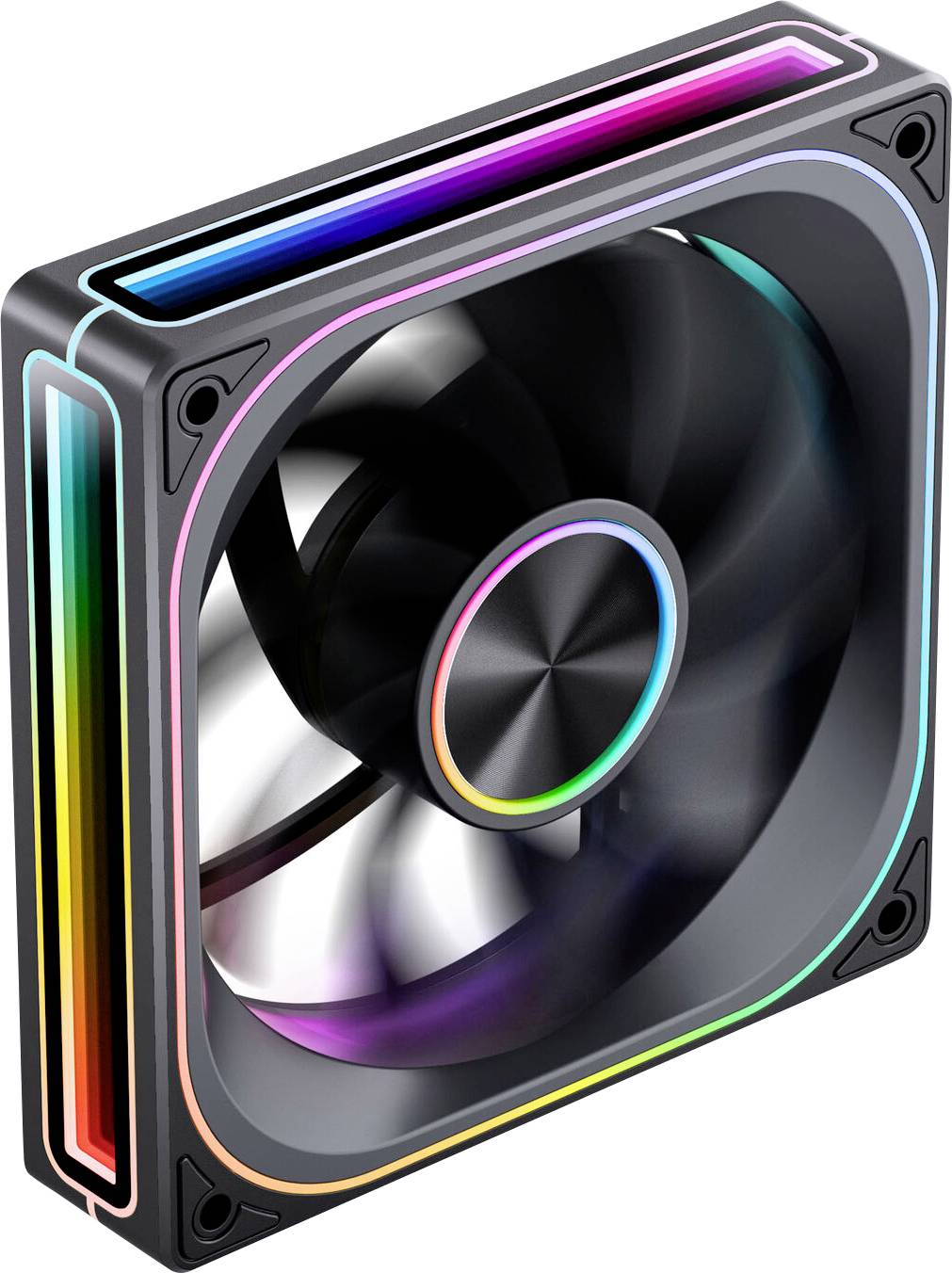 Ein Computerventilator mit LED-Beleuchtung in einem Regenbogenmuster entlang der Kanten und des Rahmens, der zum Kühlen und zur ästhetischen Verbesserung von PCs entwickelt wurde.
