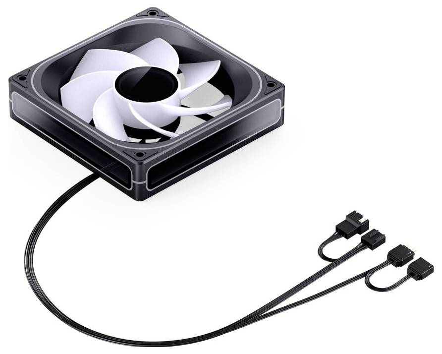Ein schwarzer Computer-Kühlventilator mit weißen Rotorblättern, der mit Kabeln mit drei Anschlüssen zur Installation in einem PC oder elektronischen Gerät verbunden ist.