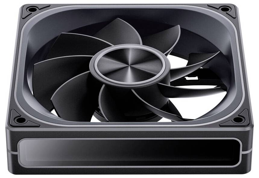 Ein schwarzer Computer-Kühlventilator mit modernem Design, der neun Flügel aufweist und in einem schlanken, quadratischen Rahmen hervorgehoben wird.