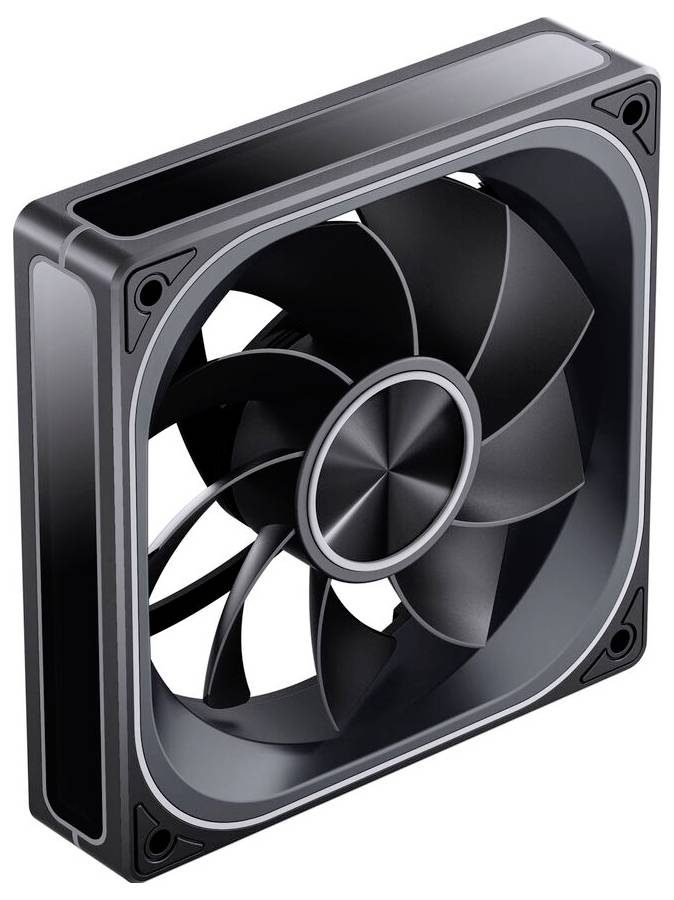 Ein schwarzer Computer-Kühlventilator mit sieben Rotorblättern, eingebettet in einen quadratischen Rahmen, der für eine effiziente Luftzirkulation in elektronischen Geräten konzipiert ist.