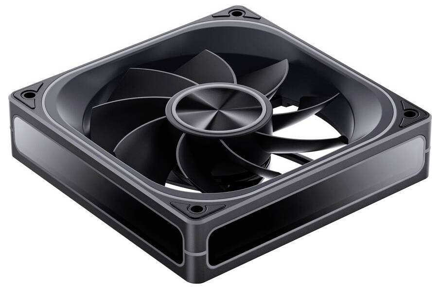 Ein schlanker, moderner Computerlüfter mit quadratischem Rahmen und großen schwarzen Rotorblättern, entwickelt für eine effiziente Kühlung in elektronischen Geräten.