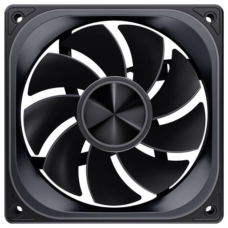 Ein schwarzer Computer-Kühlventilator mit neun Rotorblättern in einem quadratischen Rahmen, von vorne betrachtet.