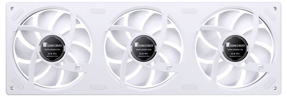 Ein weißes Computerkühler-Gehäuse mit drei horizontal ausgerichteten Lüftern, die in der Mitte jeweils mit 'ID-Cooling' beschriftet sind und für optimale Luftzirkulation konzipiert sind.