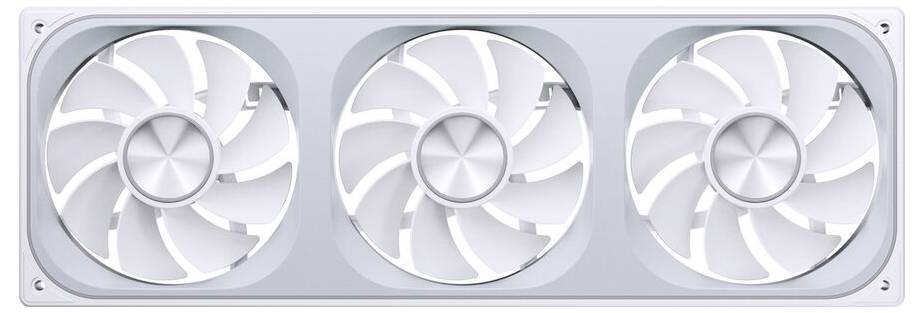 Ein Drei-Lüfter-Kühlsystem mit weißen Rotorblättern, eingesetzt in einem rechteckigen Rahmen, entwickelt zur Wärmeableitung in elektronischen Geräten.