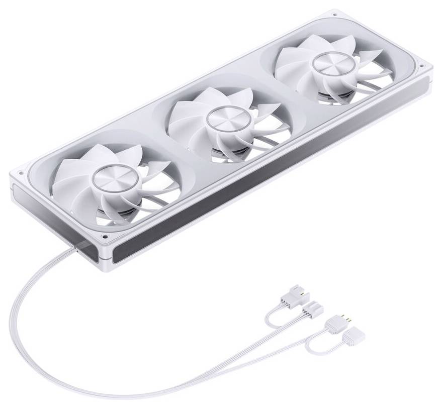 Ein rechteckiges weißes Kühlgebläse mit drei großen Ventilatoren und einem angeschlossenen Kabel mit zwei Anschlüssen.