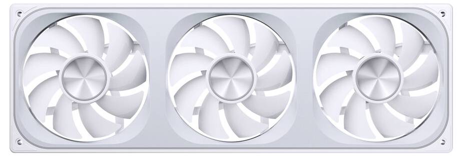 Drei weiße Kühlventilatoren horizontal in einem rechteckigen Rahmen angeordnet, vor einem sauberen, helltonigen Hintergrund.