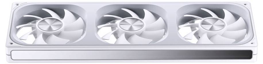 Ein weißes Computerkühsystem mit drei großen Lüftern zur Belüftung und Wärmereduzierung in elektronischen Komponenten.