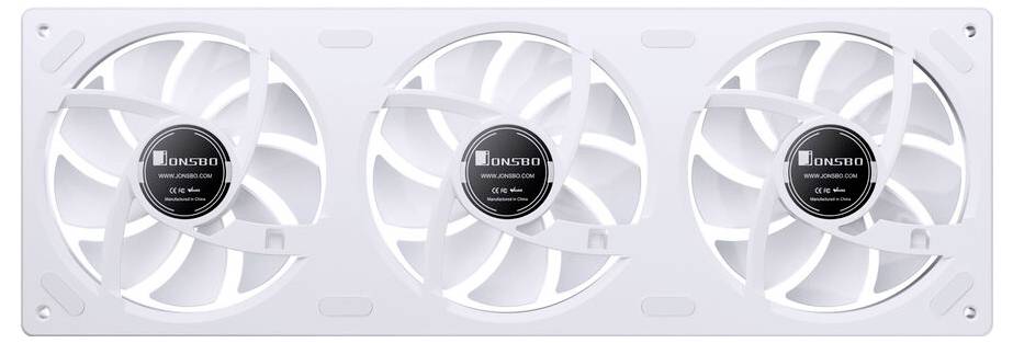 Drei weiße Kühlventilatoren, horizontal in einem Rahmen ausgerichtet, jeder mit einem schwarzen Zentrum, das das Markenlogo und die technischen Spezifikationen trägt.