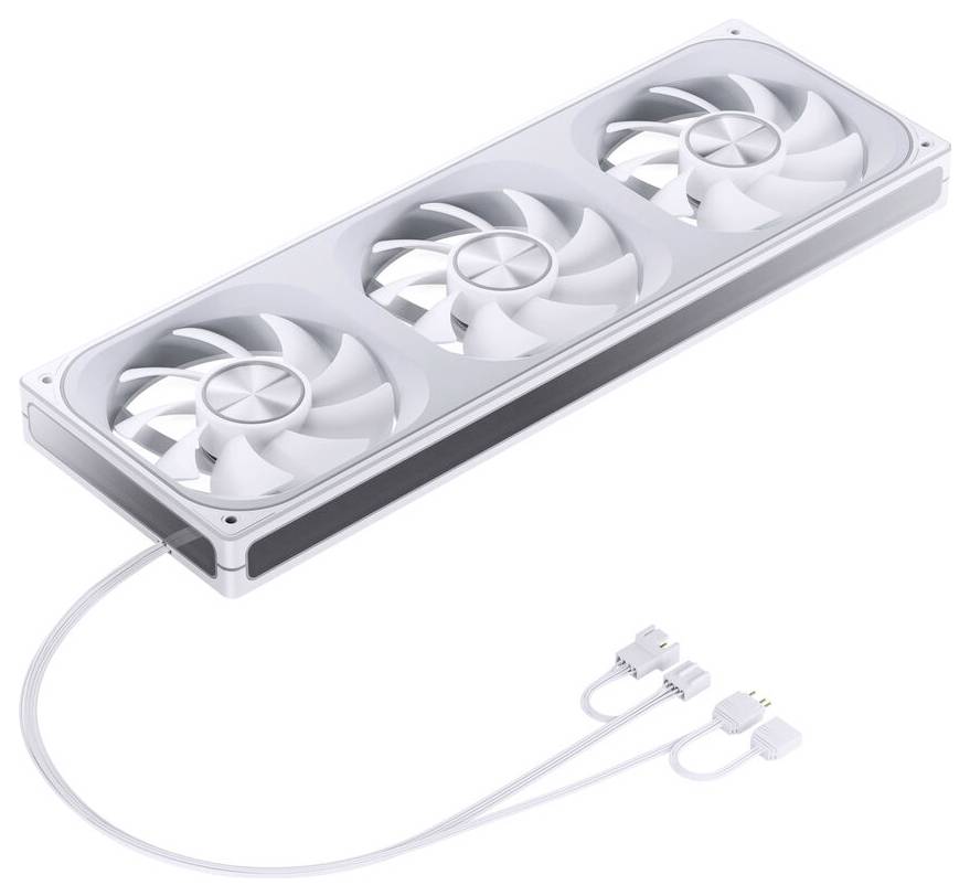 Eine Kühleinheit mit drei Ventilatoren in weißem Rahmen mit angeschlossenen Netzkabeln, entwickelt für effiziente Luftzirkulation in elektronischen Geräten.