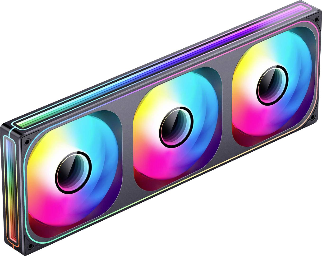 Ein Computerkühlventilator mit drei kreisförmigen, beleuchteten Ventilatoren, die lebendige RGB-Farben zeigen, untergebracht in einem rechteckigen Gehäuse.