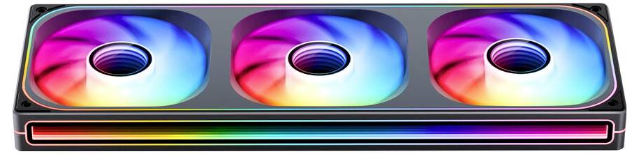 Ein Computerlüfter mit drei großen, kreisförmigen, regenbogenfarbenen RGB-Leuchten, entwickelt für verbesserte visuelle Attraktivität und Leistung.