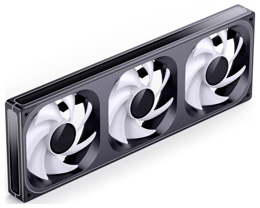 Ein rechteckiger Computer-Kühlventilator mit drei weißen Rotorblättern, der in einem schwarzen Rahmen untergebracht ist und für eine effiziente Luftzirkulation konzipiert wurde.