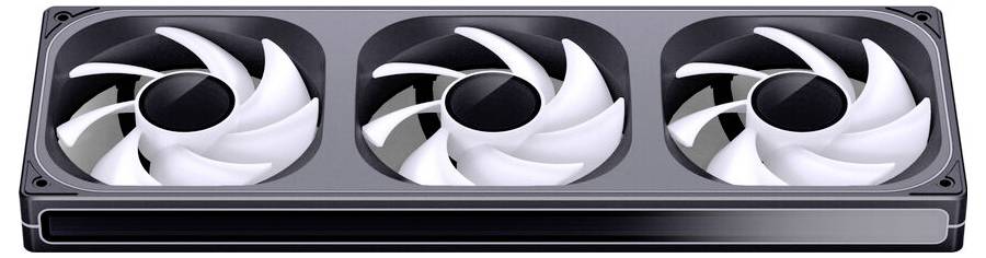 Ein Computerkühler-Radiator mit drei weißen Lüftern in einem schwarzen Gehäuse, entwickelt zur Kühlung von PC-Komponenten durch verbesserte Luftzirkulation.