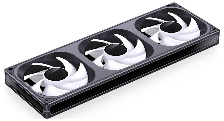 Eine Reihe von drei weißen Kühlventilatoren mit Computerdesign, die in einem schwarzen rechteckigen Rahmen angeordnet sind, wahrscheinlich zur Leistungsverbesserung eines PCs.