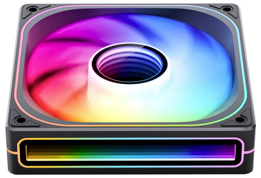Ein kompakter, quadratischer Computer-Kühlventilator mit leuchtstarker RGB-Beleuchtung, der ein Farbspektrum darstellt und zur Verbesserung der PC-Ästhetik verwendet wird.