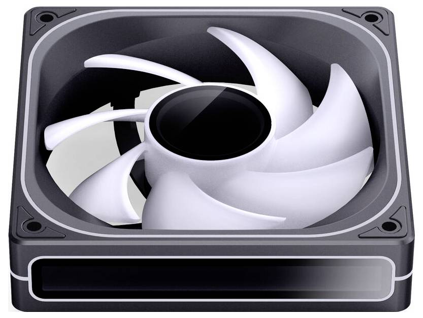 Ein Computergehäuselüfter mit schwarzem Rahmen und weißen Rotorblättern, entwickelt zum Kühlen von elektronischen Bauteilen.