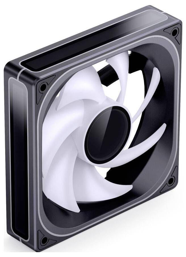 Ein quadratischer Computer-Kühlventilator mit weißen Rotorblättern und schwarzem Rahmen, aus einem Winkel betrachtet, entwickelt für Luftzirkulation und Kühlungszwecke.