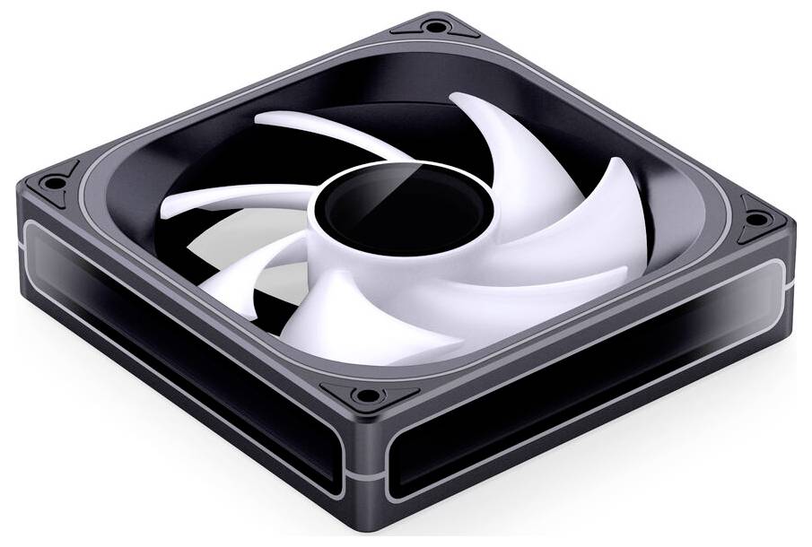 Ein Computergehäuselüfter mit einem quadratischen schwarzen Rahmen und sieben weißen Rotorblättern, konstruiert zur Kühlung von elektronischen Komponenten im Computerinneren.