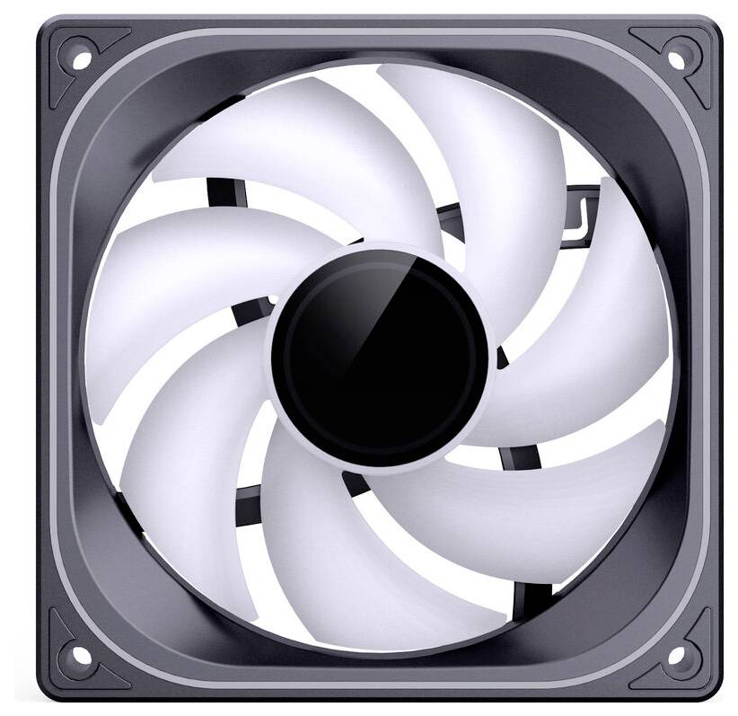 Ein quadratischer Computer-Kühlventilator mit weißen Lüfterblättern und schwarzem Rahmen, konzipiert zur Wärmeableitung von Computerkomponenten.