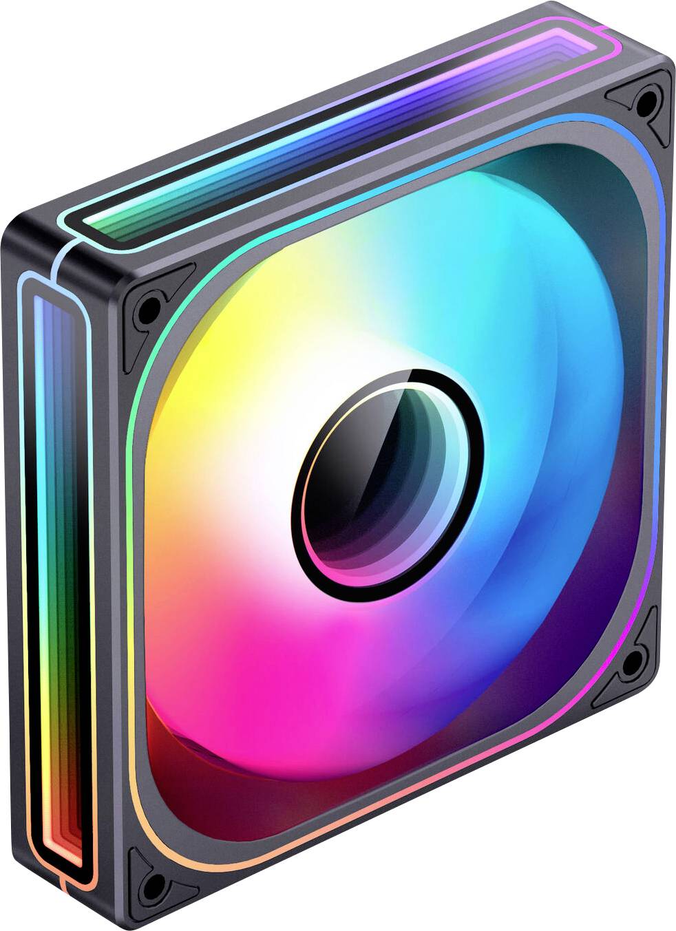 Ein Computerlüfter mit quadratischem Rahmen, der lebendige, mehrfarbige RGB-Beleuchtung um und innerhalb der Lüfterblätter aufweist.
