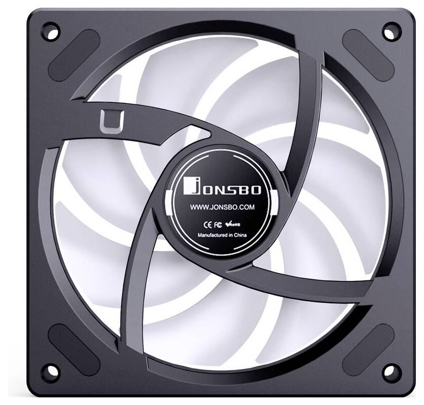Ein Computer-Kühlventilator von Jonsbo mit schwarzem Rahmen und weißer Flügelgestaltung, geeignet für die Belüftung von PC-Gehäusen.
