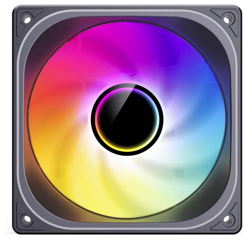 Computer-Kühlventilator mit leuchtender, mehrfarbiger LED-Lichtanzeige, der in einem quadratischen Rahmen dreht.
