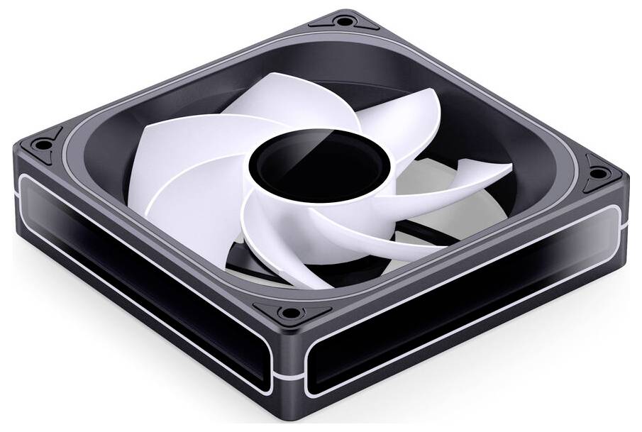 Ein schwarzes Quadratisches Computerlüfter mit weißen Rotorblättern und glänzendem Mittelteil, entwickelt für verbesserten Luftstrom und effiziente Kühlung in PCs.