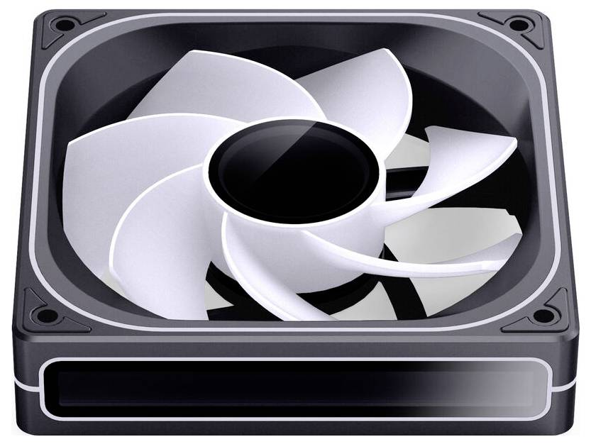 Ein quadratischer Computerlüfter mit weißen Lüfterblättern in einem schwarzen Gehäuse, entwickelt zur Kühlung elektronischer Komponenten.