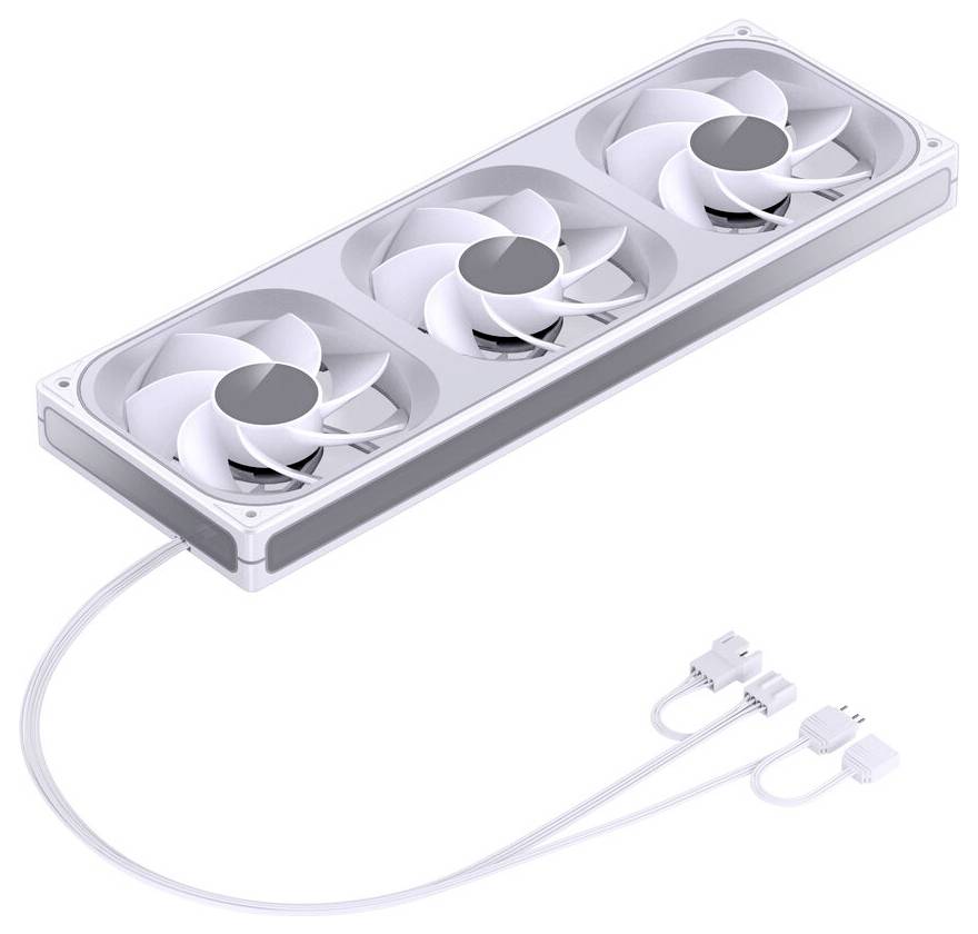 Weißer Computer-Kühlventilator mit drei Rotoren und zwei Anschlusskabeln, entwickelt zur Verbesserung der Luftzirkulation in PC-Gehäusen.