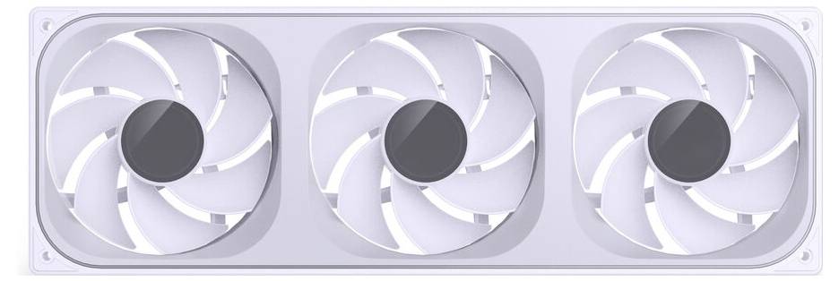 Ein Bild eines weißen Computerlüfter-Panels mit drei kreisförmigen Lüftern, die jeweils mehrere Rotorblätter haben und zur Kühlung von elektronischen Geräten verwendet werden.