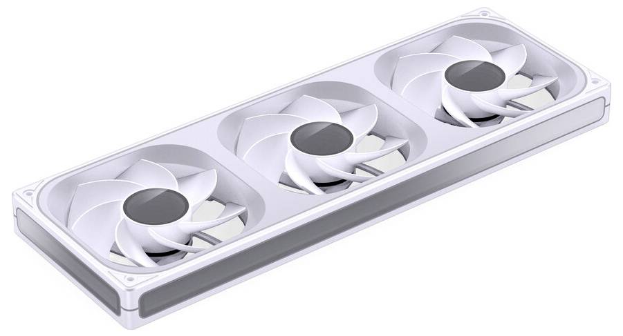 Ein rechteckiger weißer Kühlventilator mit drei kreisförmigen Ventilatoren in einer Reihe, der für elektronische Geräte oder Computersysteme entwickelt wurde.