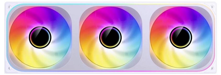 Drei leuchtende RGB-Lüfter mit glühenden Lichtern in einem rechteckigen weißen Metallrahmen, die wahrscheinlich zur Kühlung eines Computersystems verwendet werden.