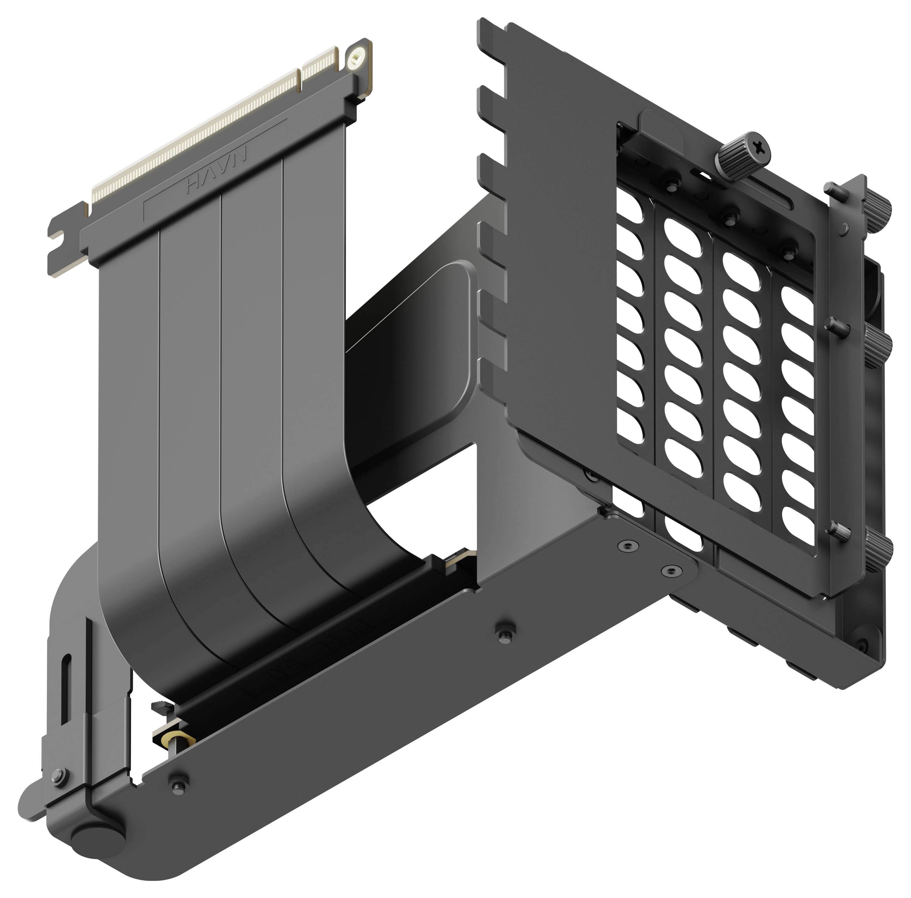 Ein schwarzer PCIe Riser Card Adapter mit einem flexiblen Flachbandkabel und einem Halterungswinkel zum Umpositionieren einer Grafikkarte im Computergehäuse.