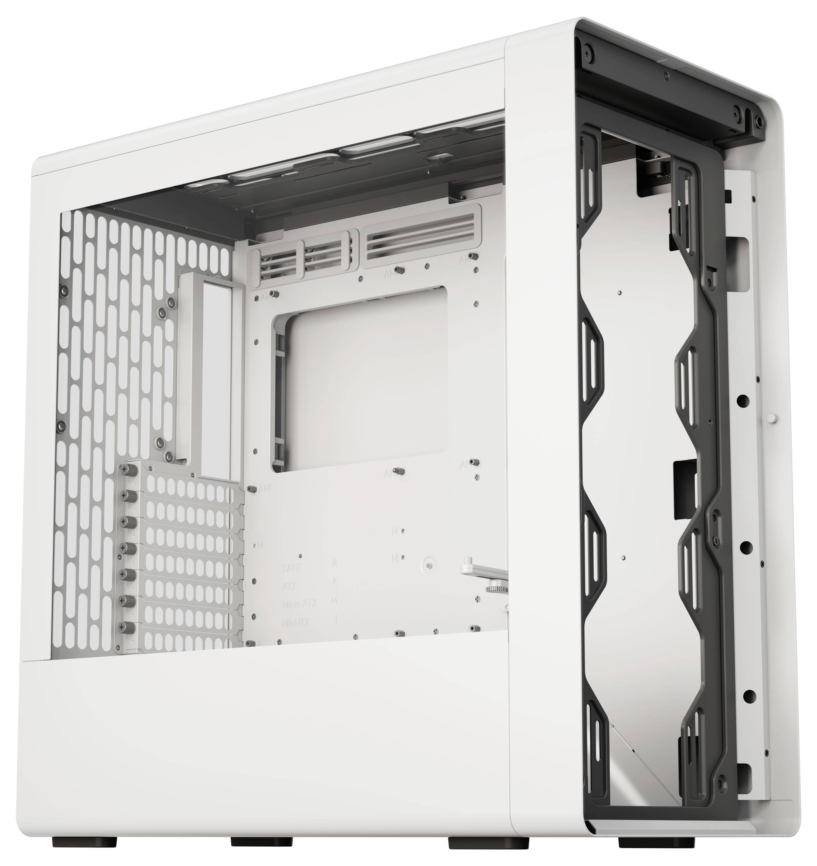 Weißes Computergehäuse mit offener Seite, das die internen Montageareale für Motherboard und Komponenten zeigt und ein belüftetes Design aufweist.